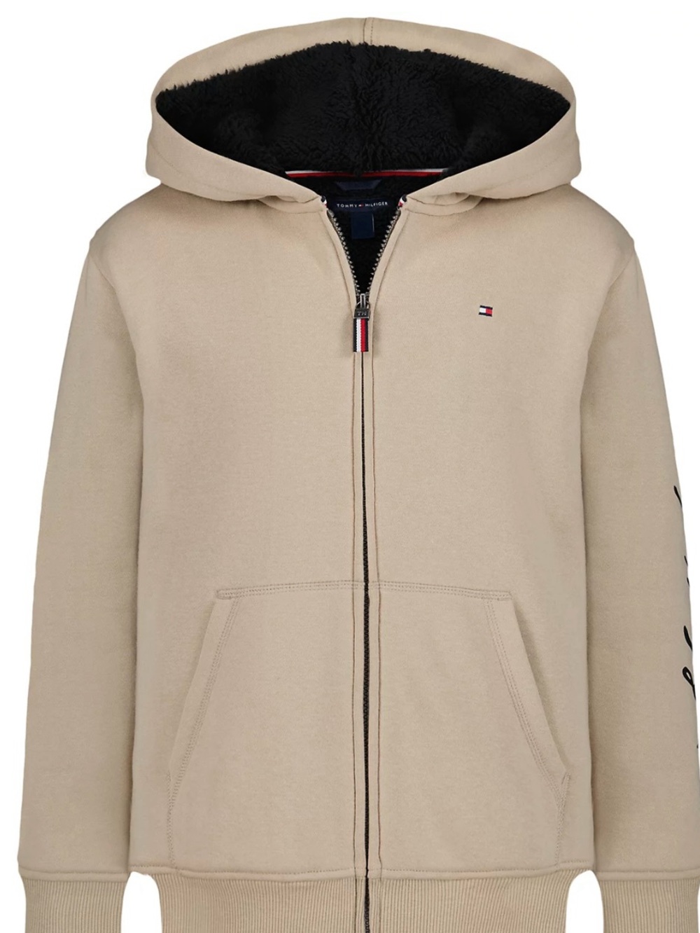 Tommy Hilfiger Beige Zip-Up Hoodie with Black Sherpa Hood Lining